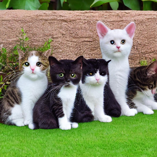 "Five cute cats, play in the garden"