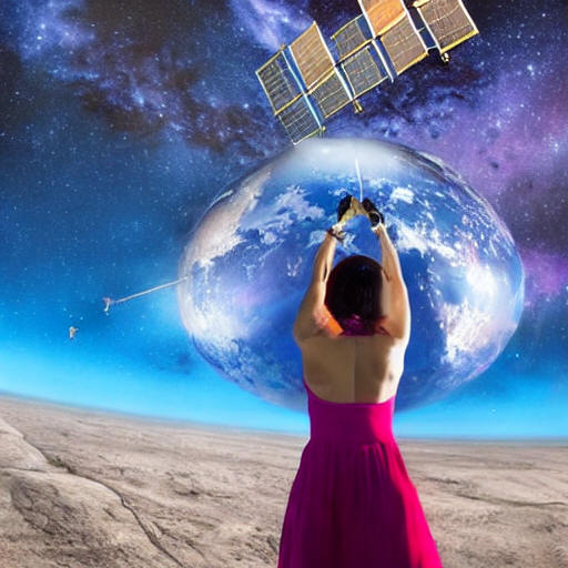 "Beautiful woman playing in outer space with a view of the International Space Station"